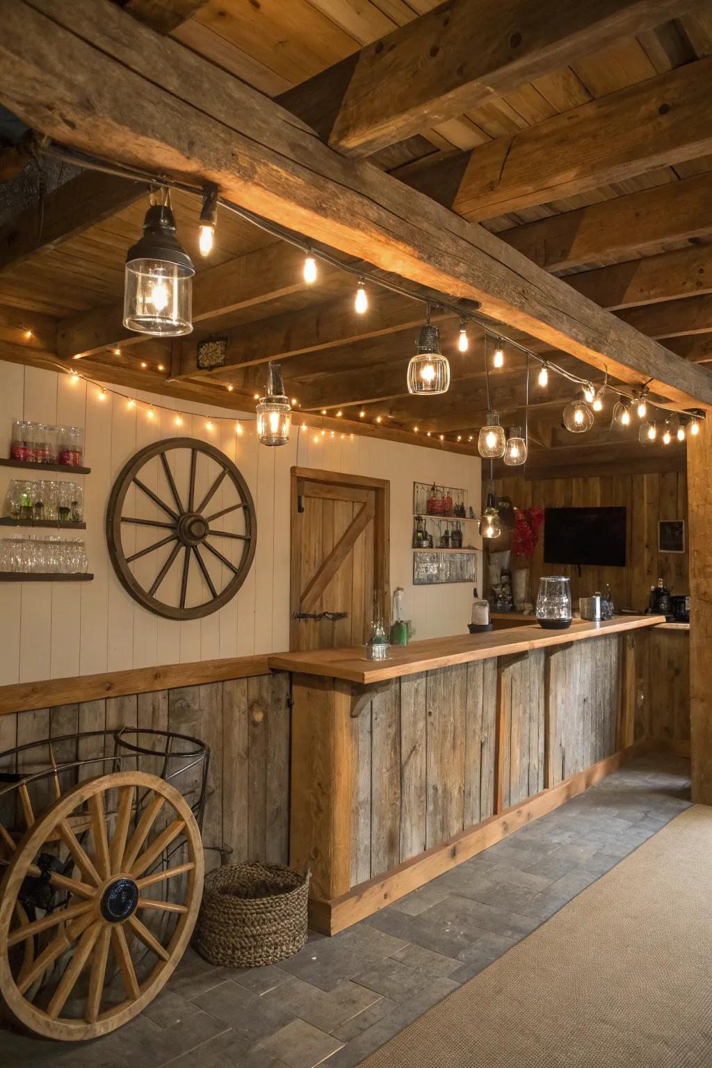 Savor the inviting atmosphere of a country barn bar in your man cave.