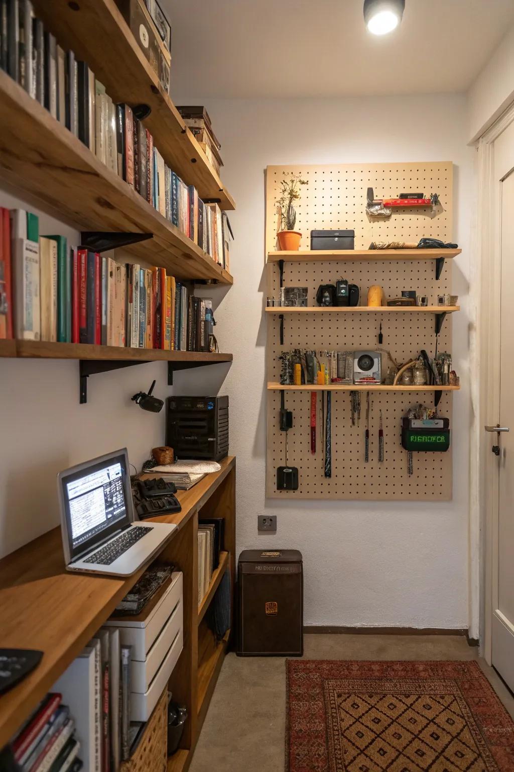 Vertical storage enhances spatial efficiency and maintains the cleanliness of your man cave.