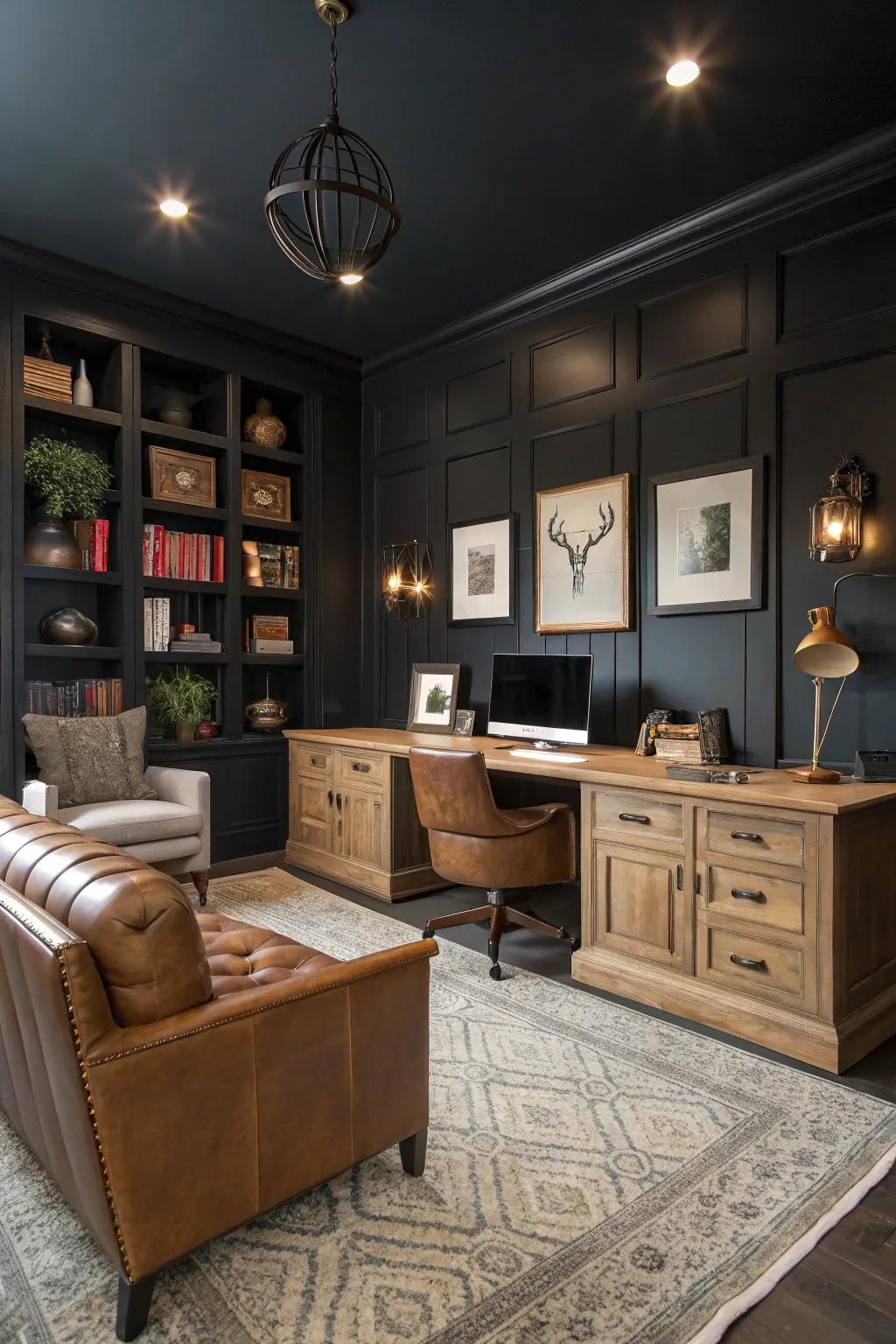Dark walls offer a striking and chic setting.