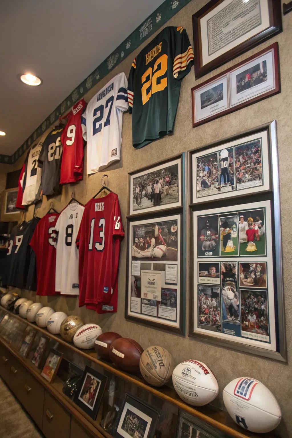 A sports memorabilia wall adds a personal touch to your man cave.