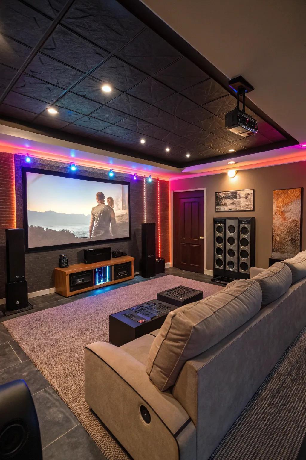 A captivating home cinema arrangement featuring a large display and immersive sound.