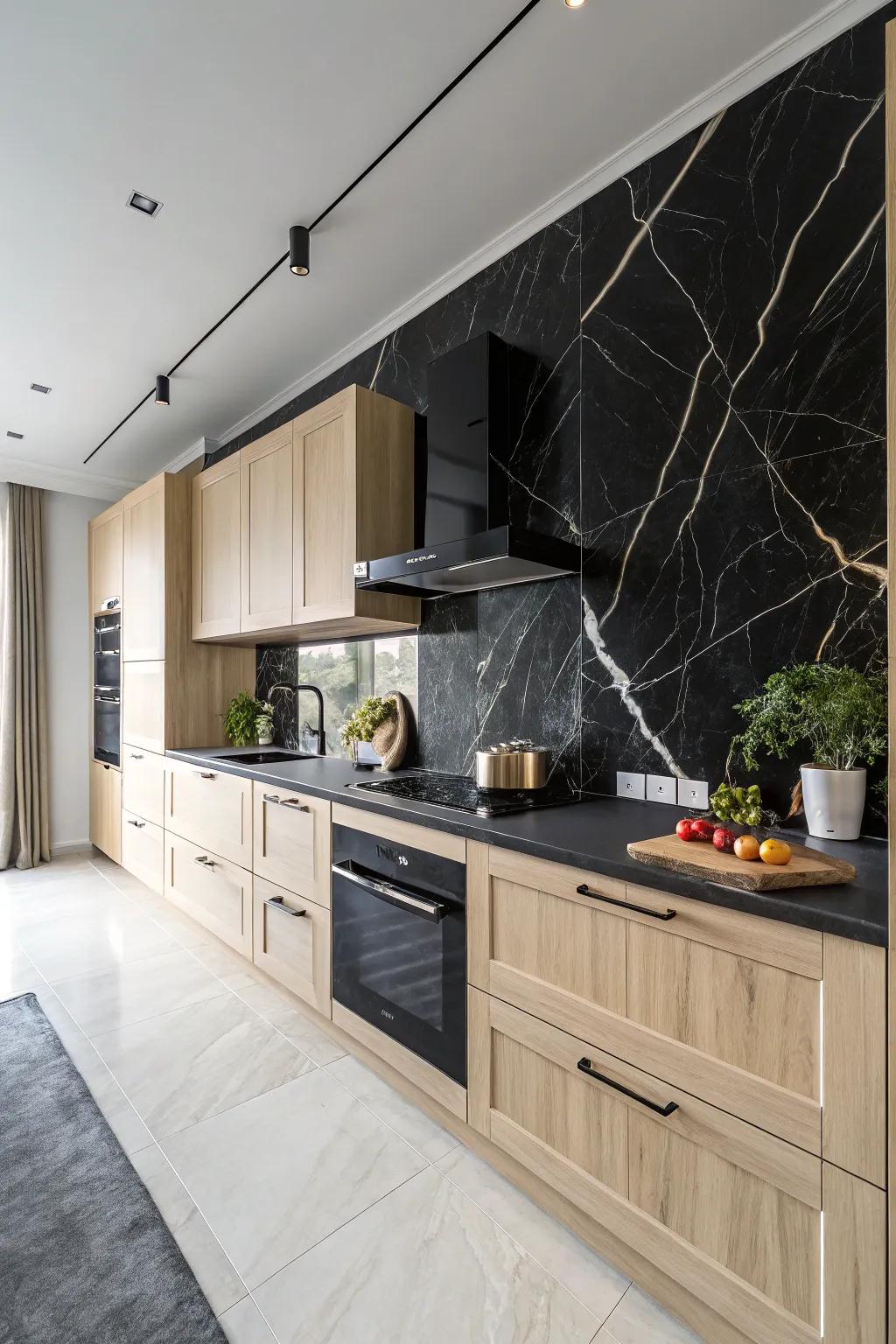 A kitchen making a bold statement with a black marble backsplash.