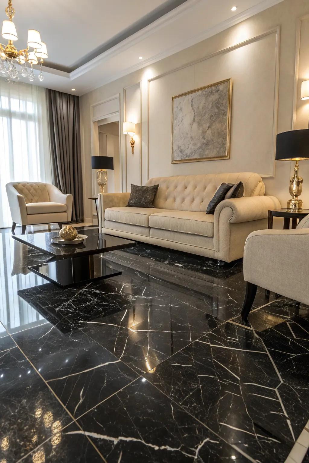 Striking dark marble flooring shapes a dramatic and elegant living space.
