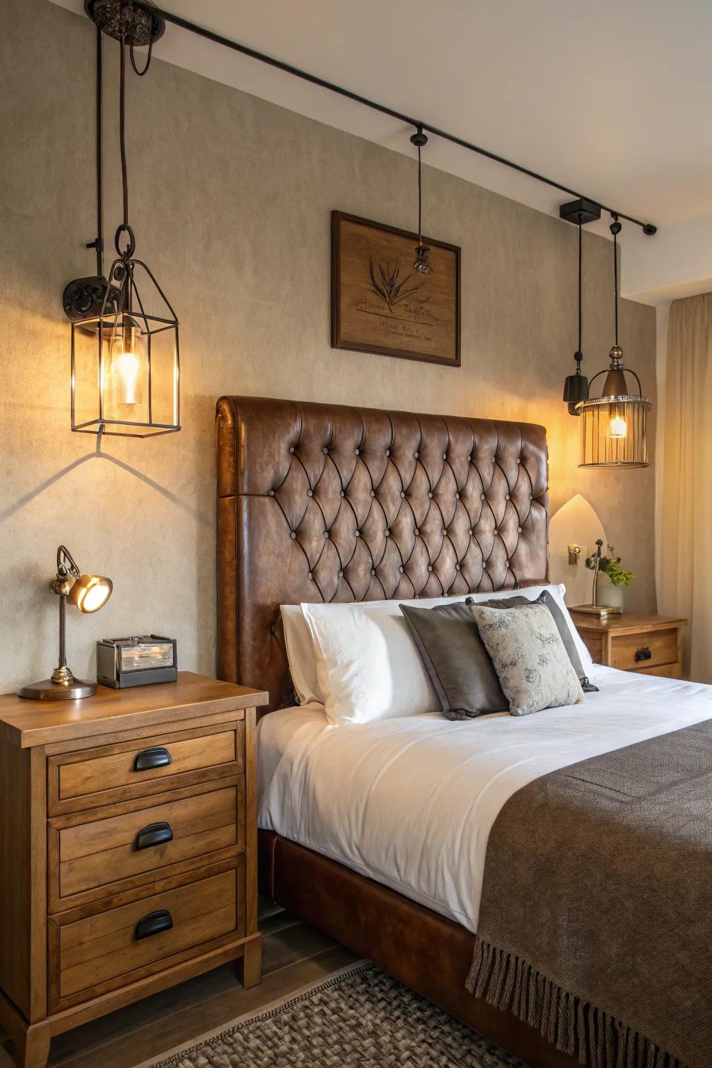 Lush textures such as leather and wood contribute depth and elegance.