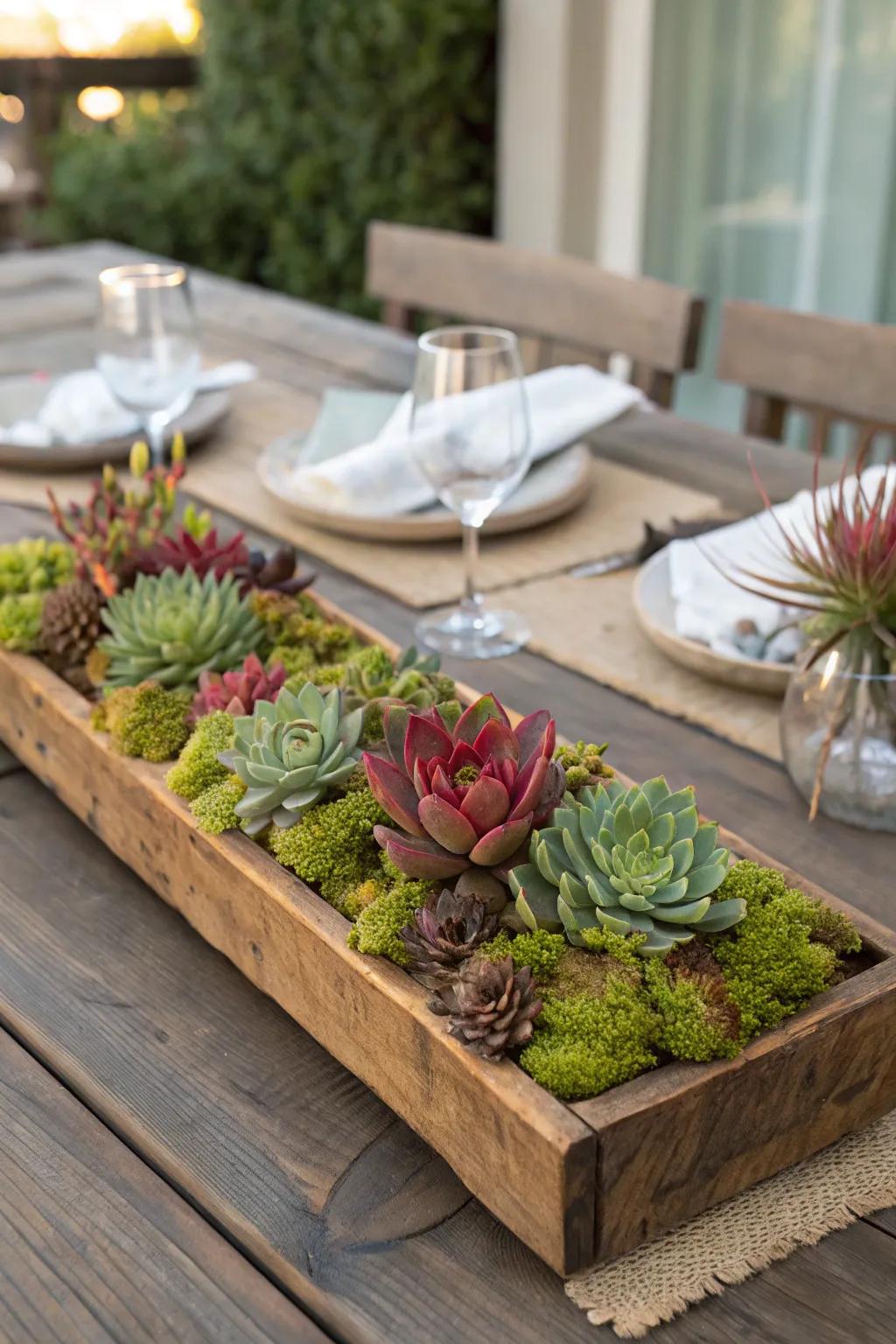 Take on country stylishness using a wood platter central attraction loaded with flora.