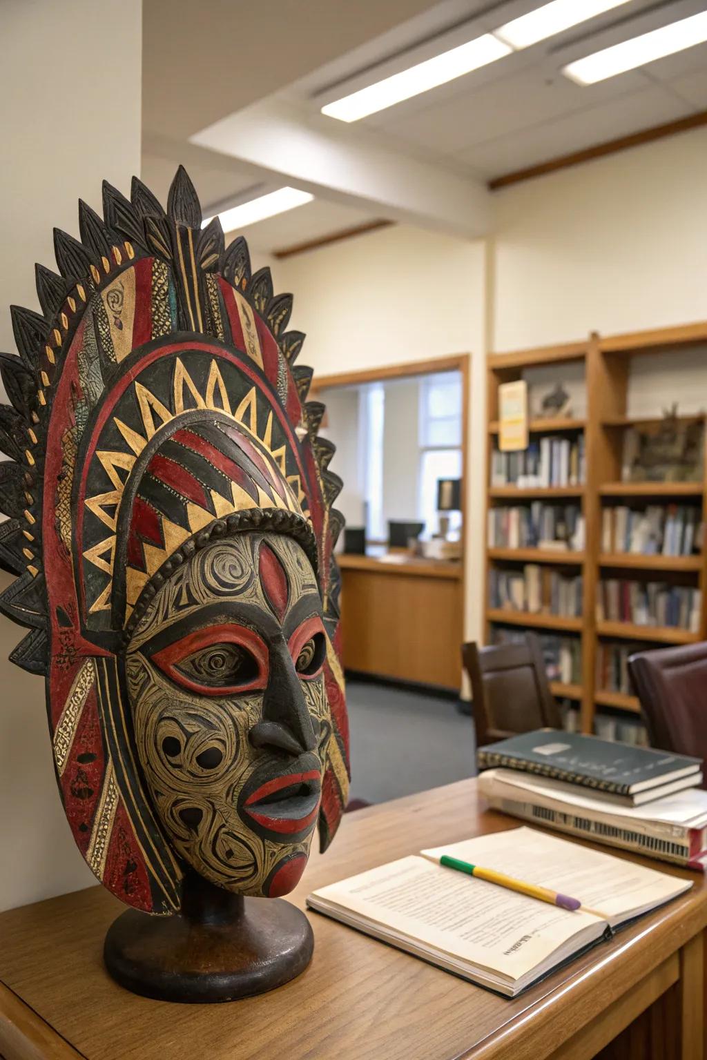 A mask sculpture inspired by cultural and historical influences.