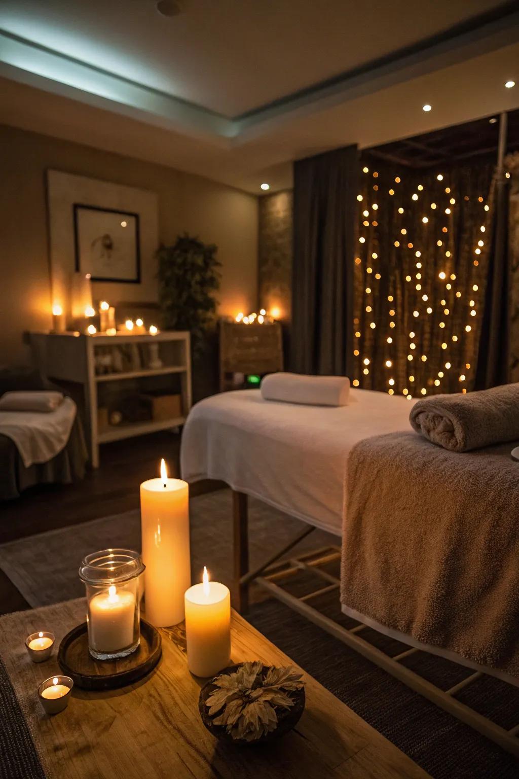 A massage room illuminated by soft, warm lighting and candles.