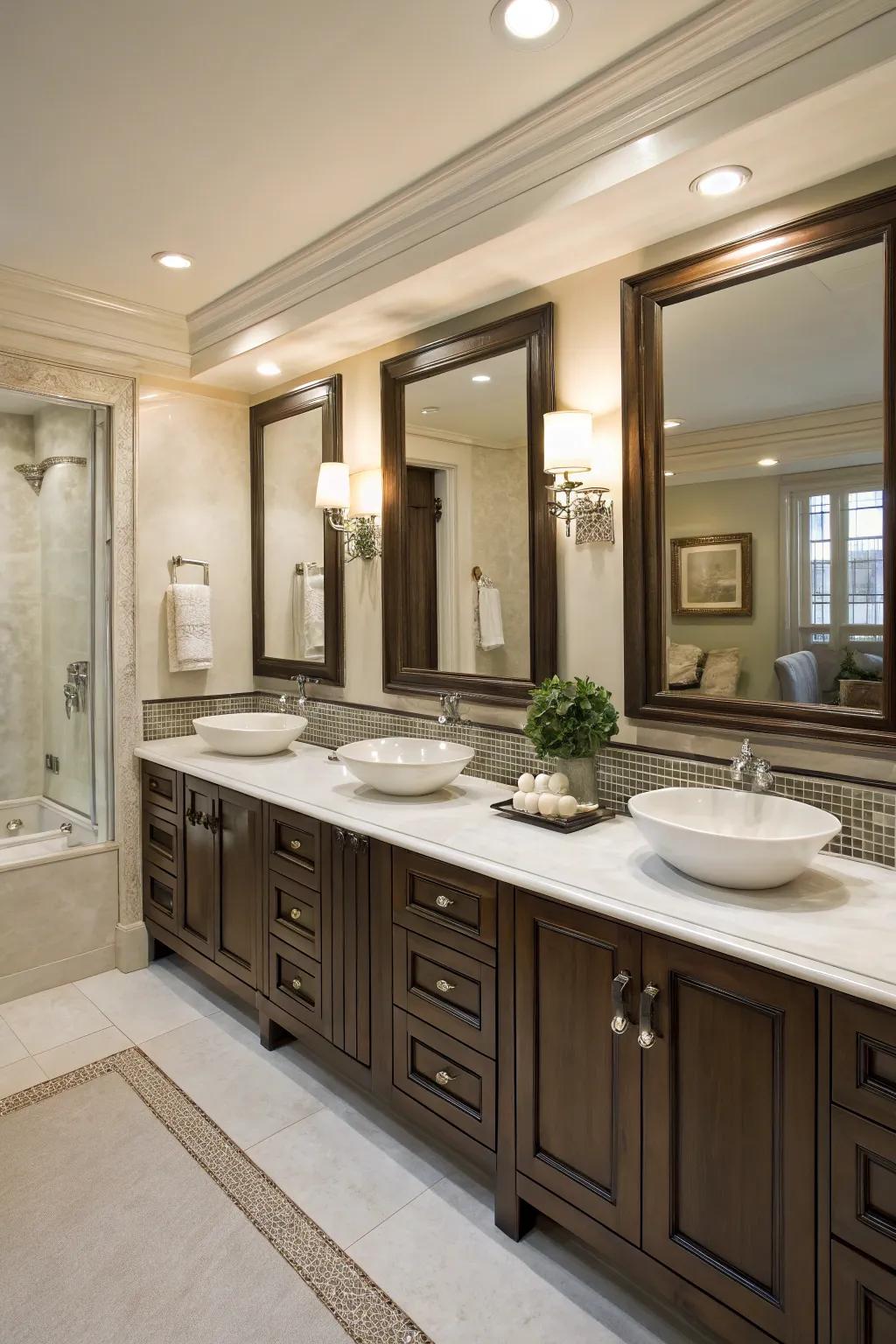 Double vanities deliver both convenience and flair to this primary bathroom.