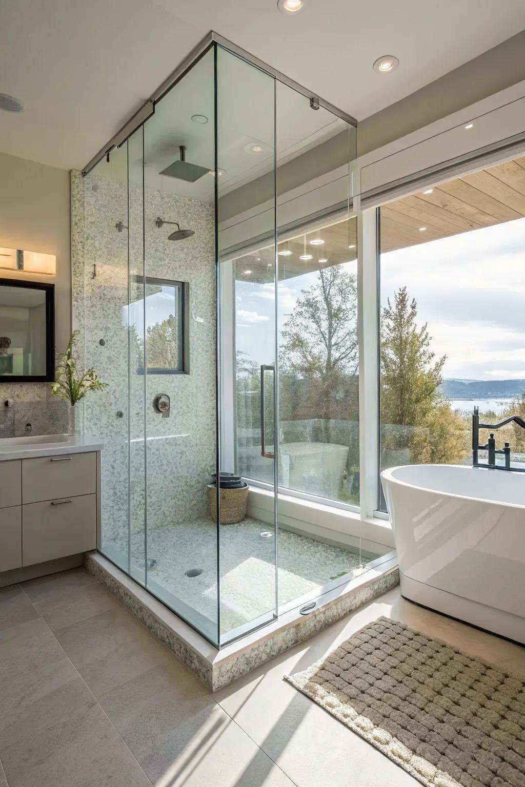 A contemporary walk-in shower featuring refined glass structures.