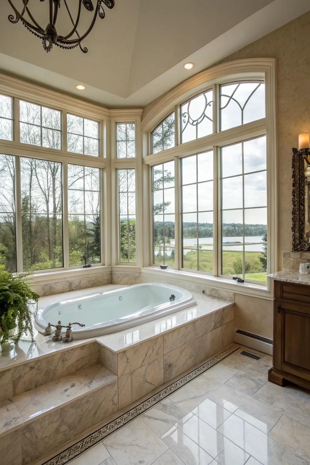 Natural light floods a main bathroom, brightening the elegant whirlpool tub.