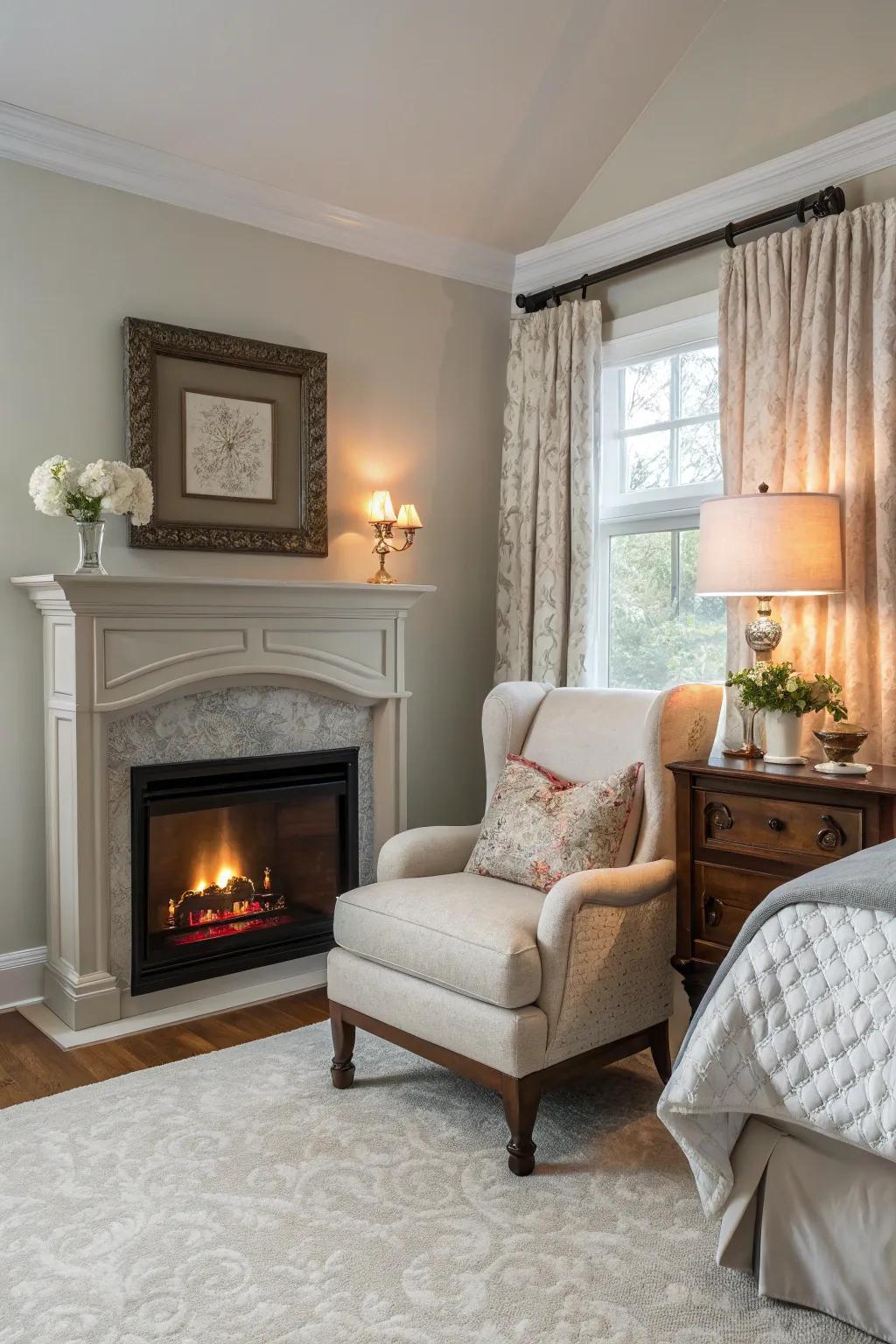 A cozy reading nook by the fireplace transforms any corner into a relaxation spot.