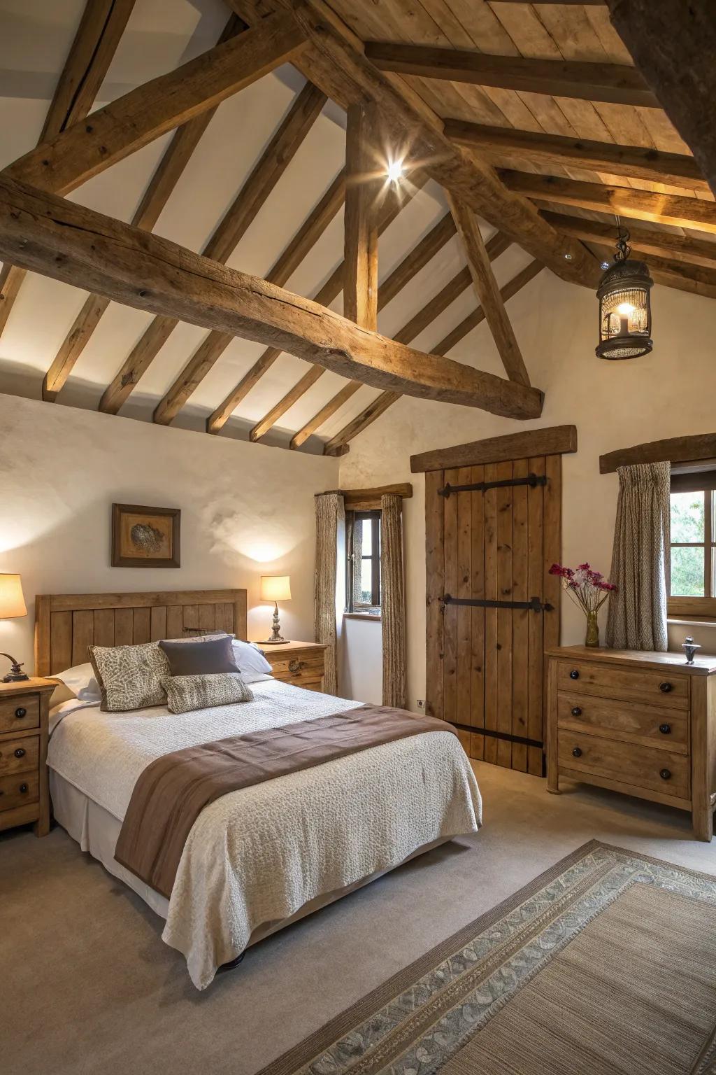 Rustic appeal showcased by exposed wooden beams in a farmhouse bedroom