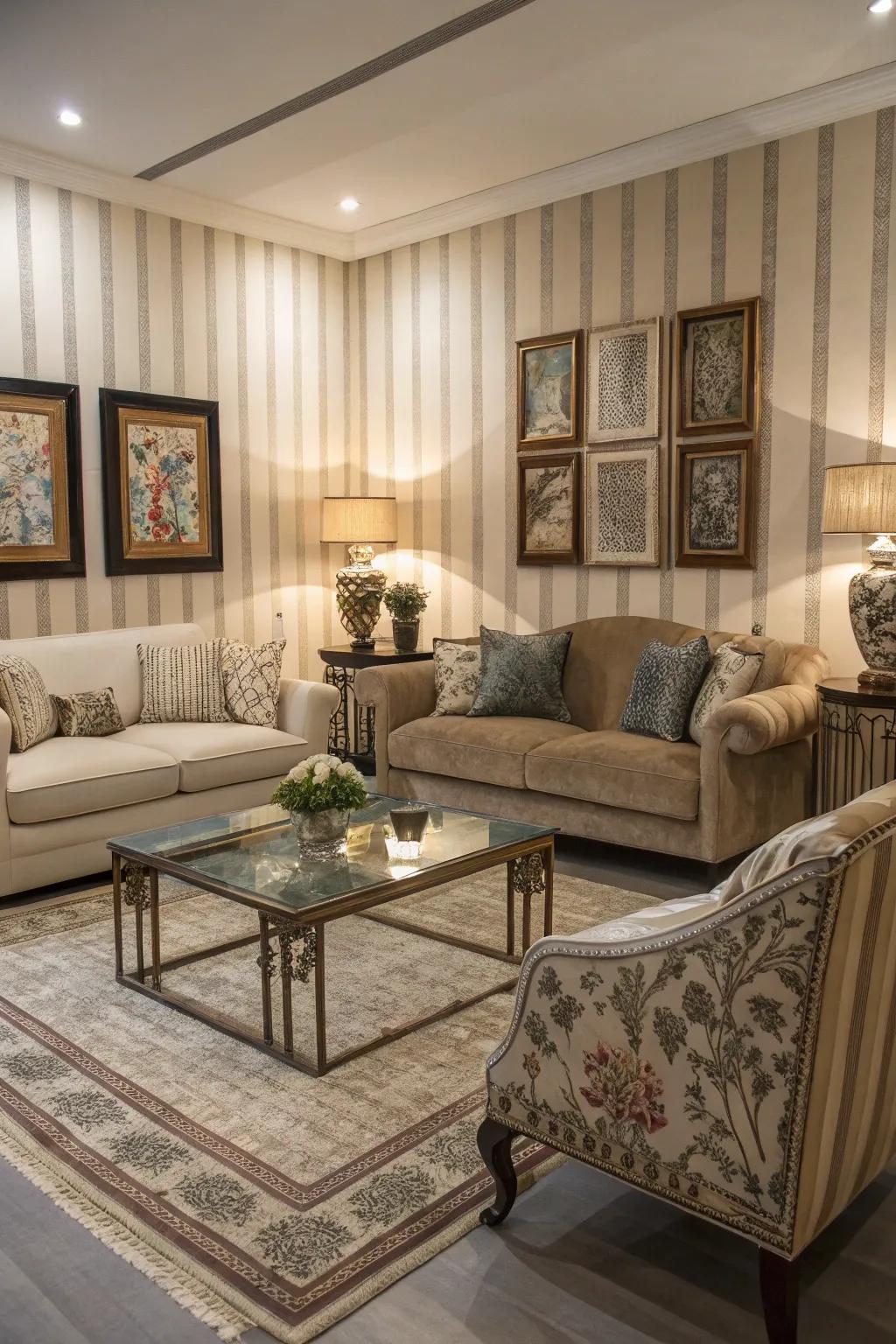 Striped wallpaper transforms a living area into an expansive sanctuary.