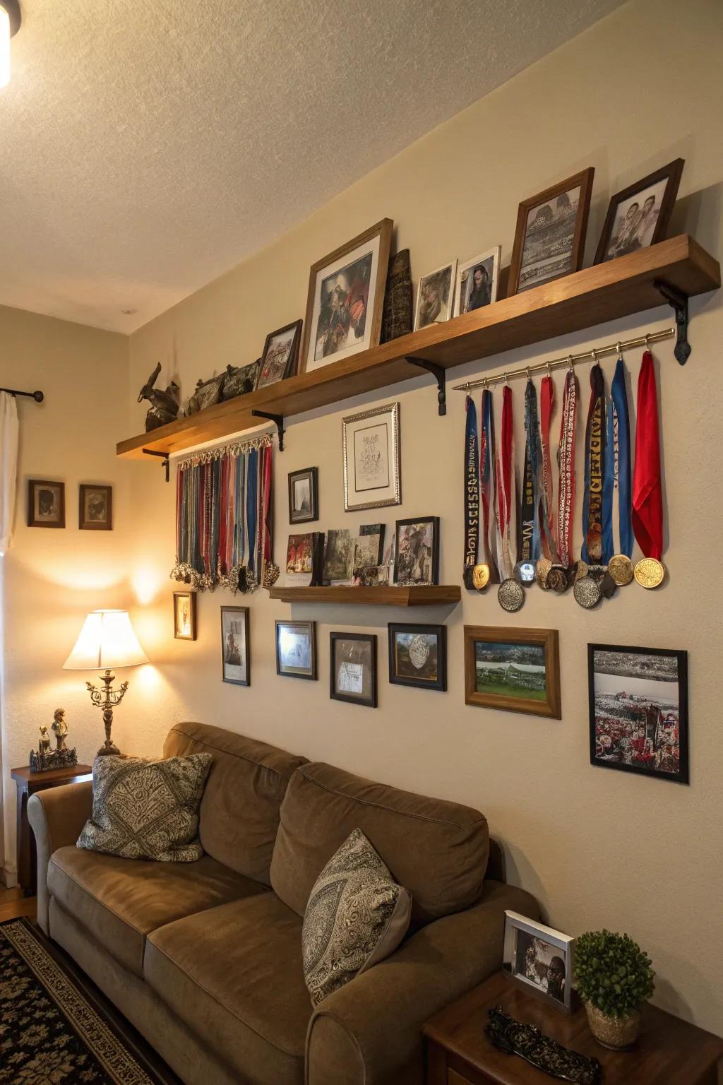 Combine shelves and hooks for a versatile medal display.