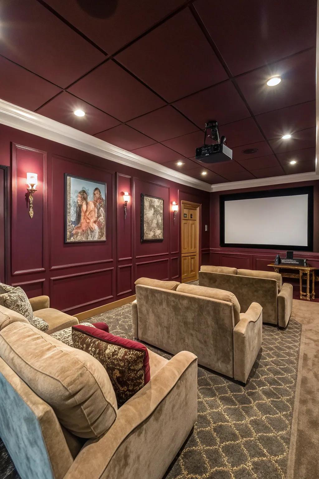 A snug media room featuring burgundy walls, reminiscent of vintage cinema aesthetics.