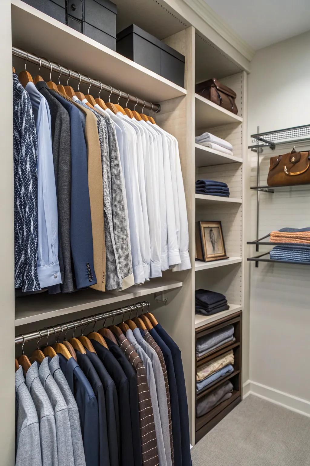 Savvy space utilization with dual hanging rods for streamlined organization.
