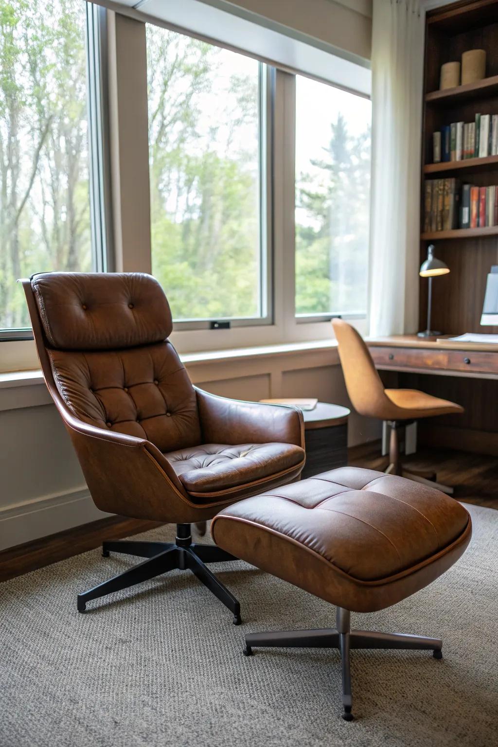 A brown leather chair and matching ottoman provide ultimate comfort and style.