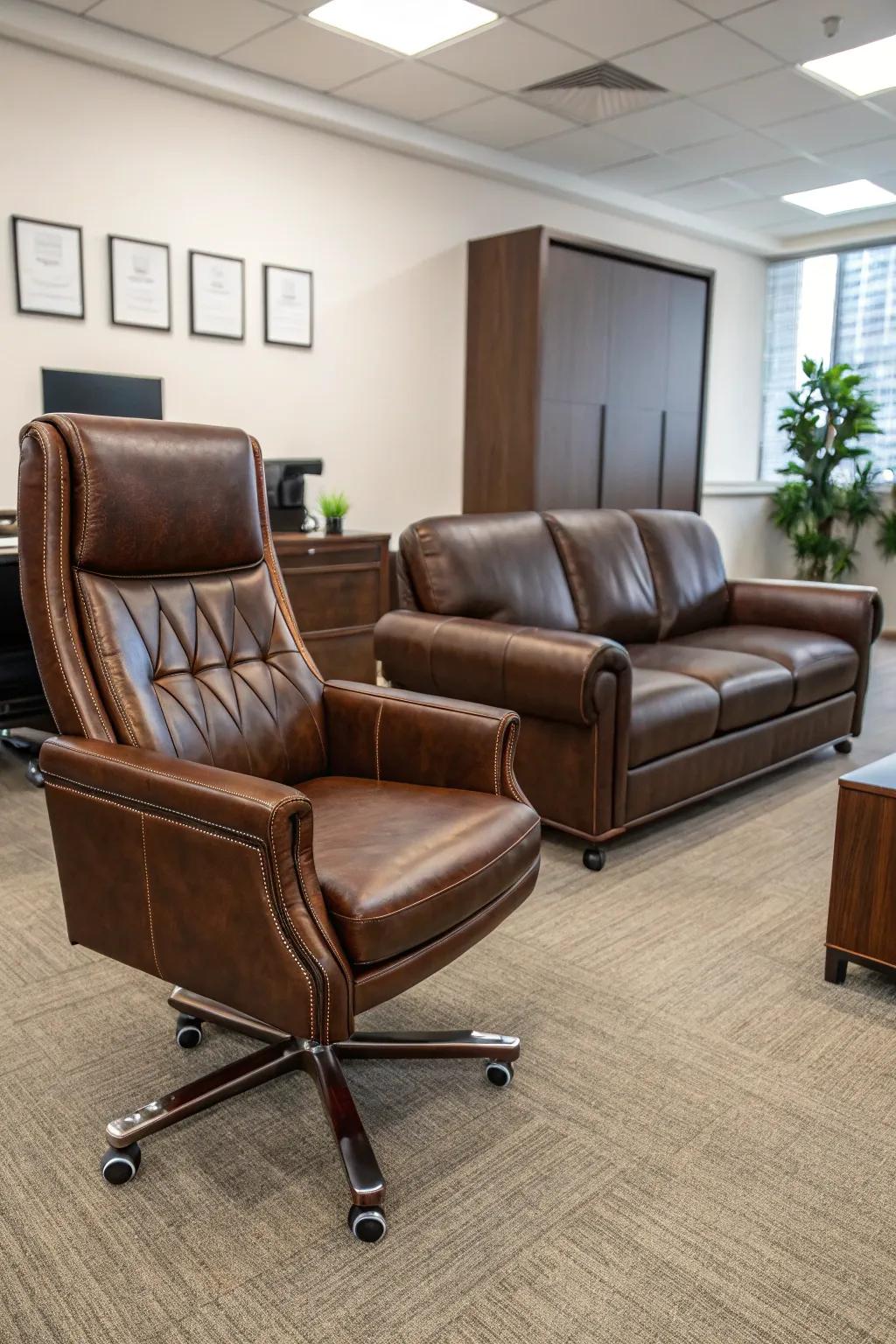 Leather furnishings introduce a hint of elegance and comfort to your workspace.