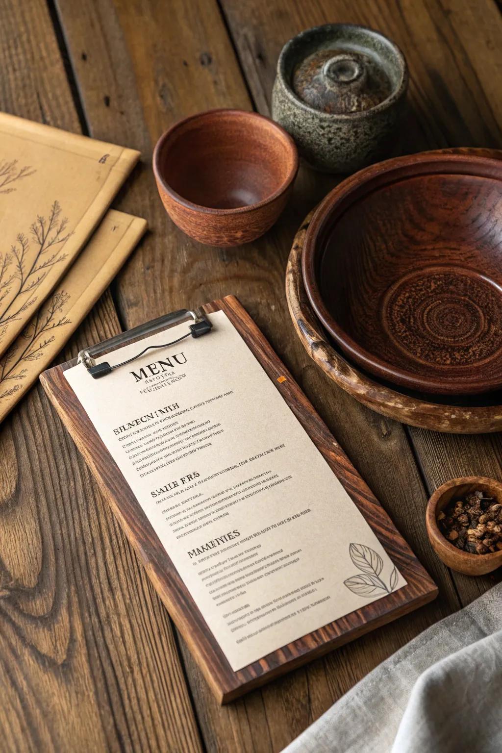 Wood textures conjure a warm, country ambiance on your menu.