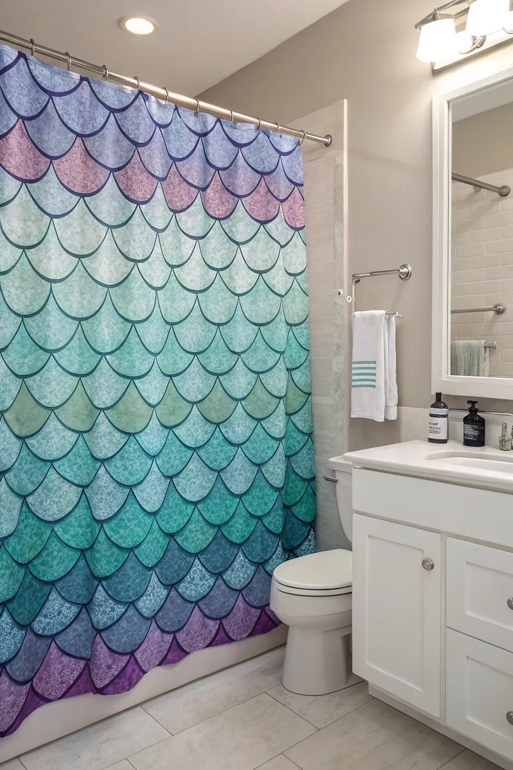An enchanting cascade curtain adorned with mermaid scales introduces a magical element.