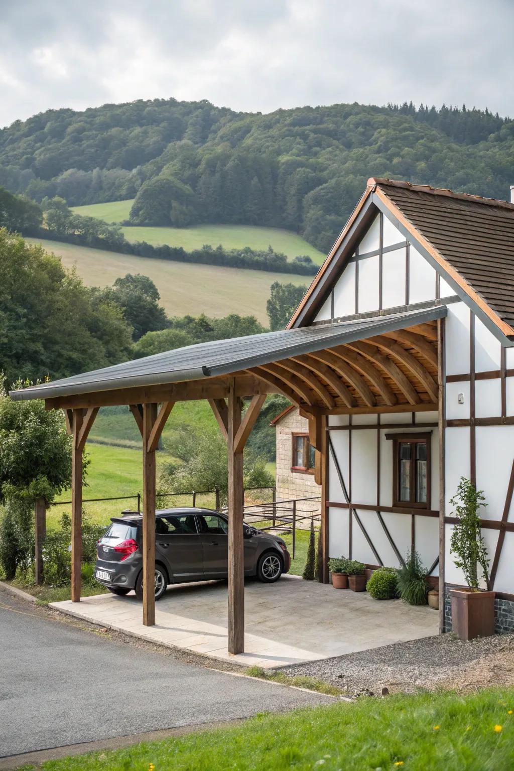 A carport featuring wood accents combines countryside beauty with modern practicality.
