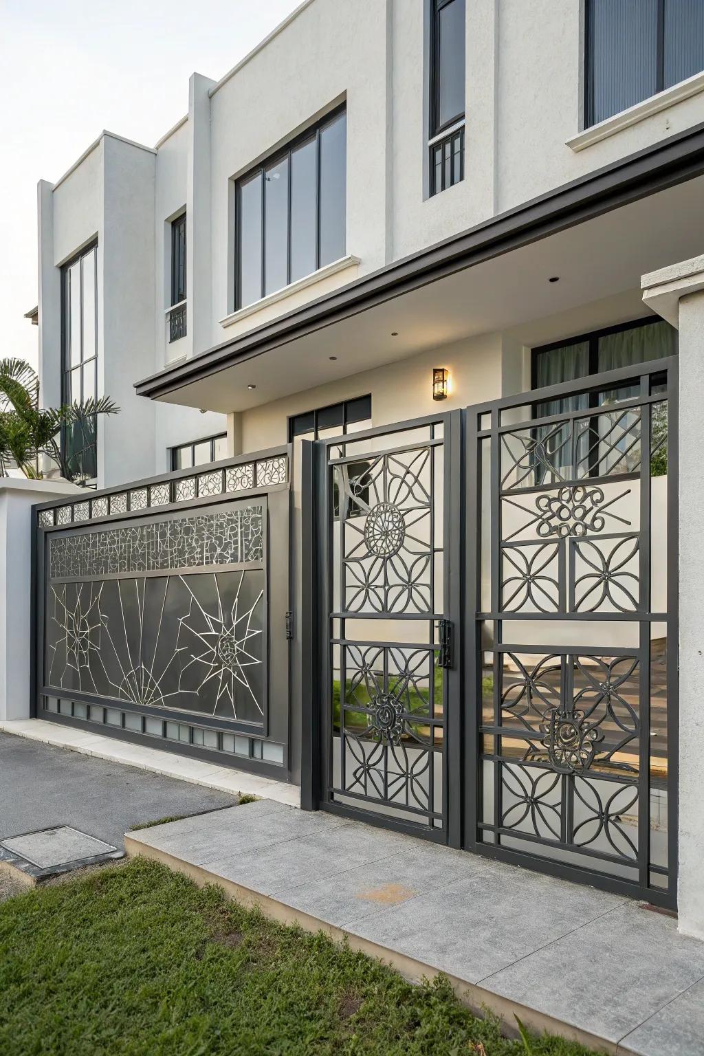 A contemporary geometric metal gate that ideally enhances a minimalist concept.