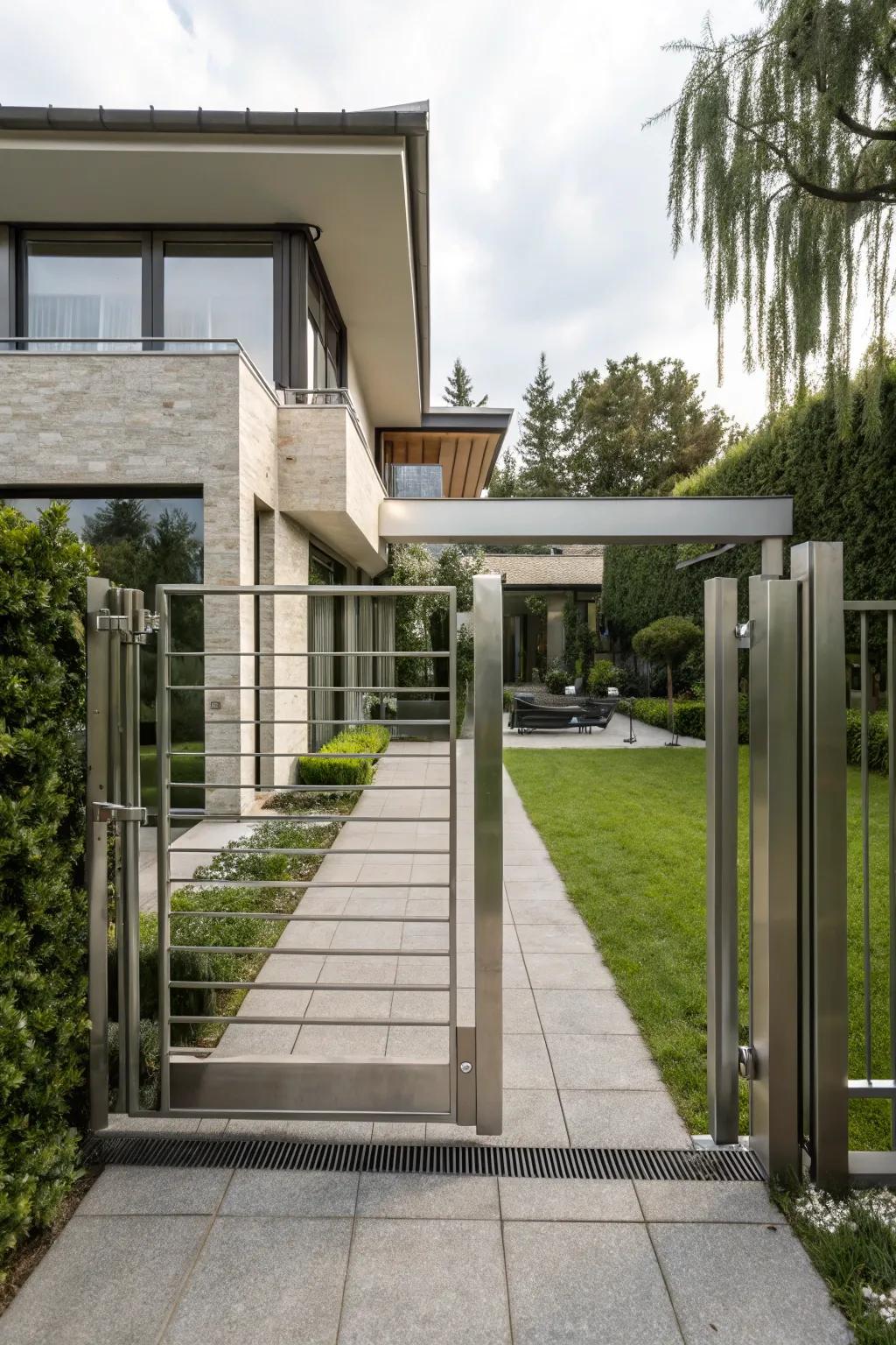 Minimalist metal gates present a refined and contemporary allure.
