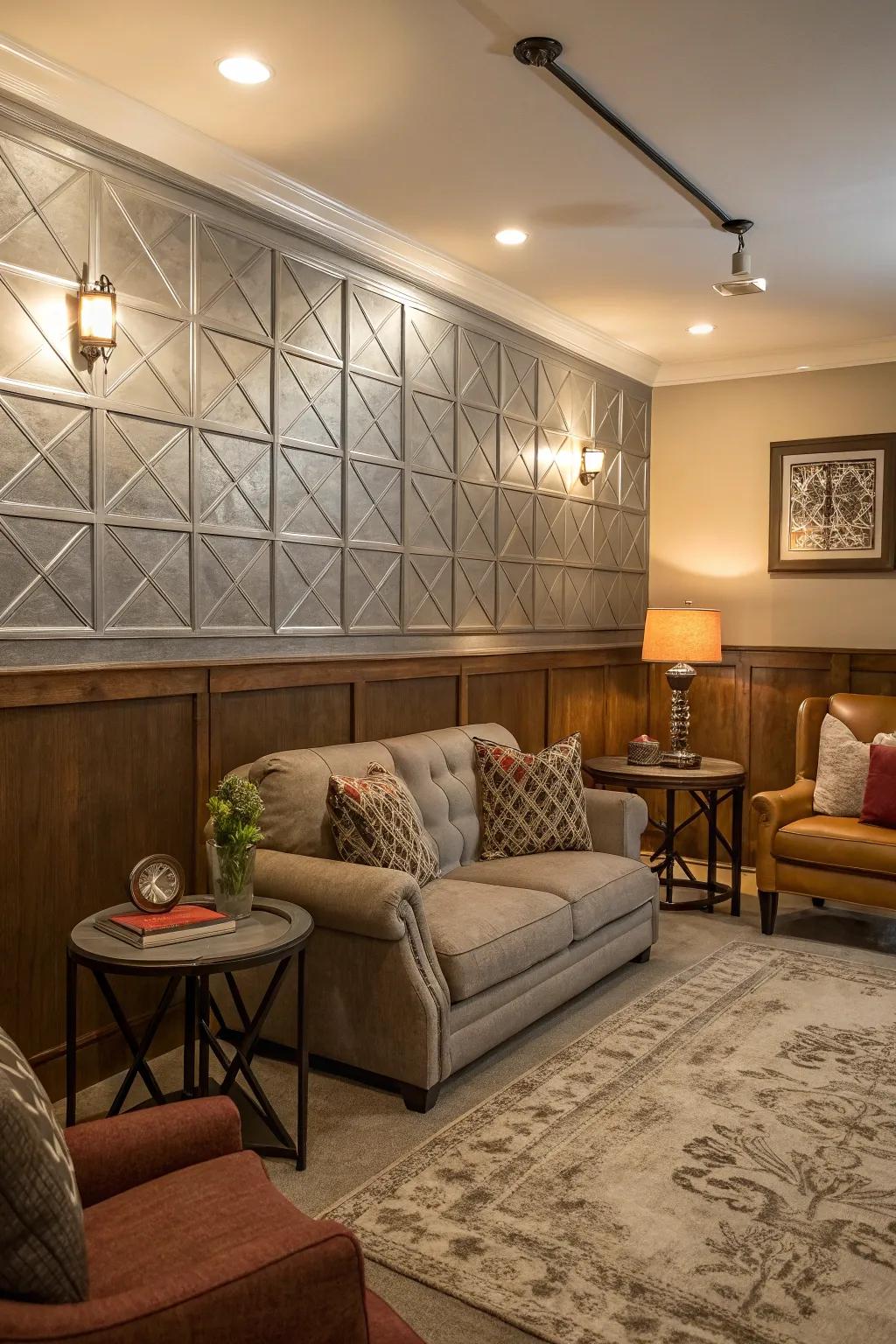 A metal paneling feature wall contributes sophistication and allure.