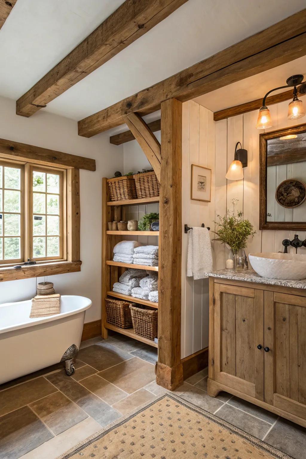 Natural wood highlights enhance the warmth of the bathroom.