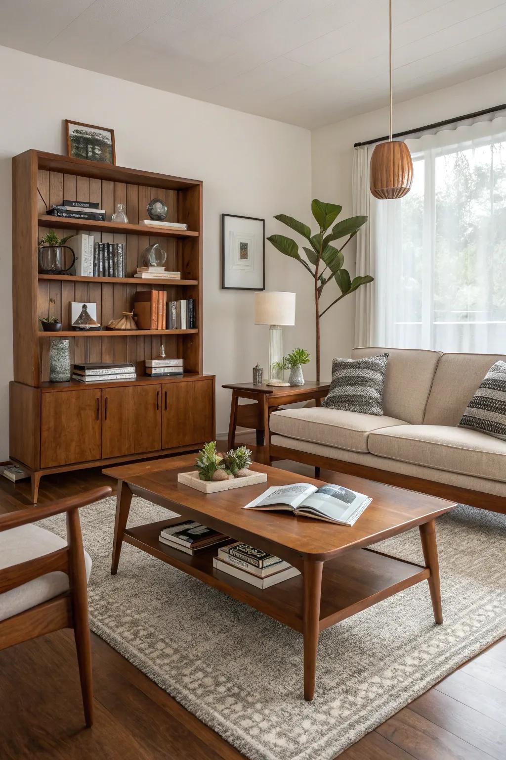 Wooden features with clean lines infuse warmth into a mid-century modern living room.