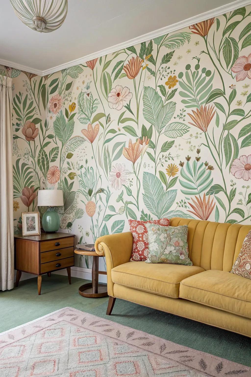 A mid-century room featuring wallpaper with floral and organic patterns.