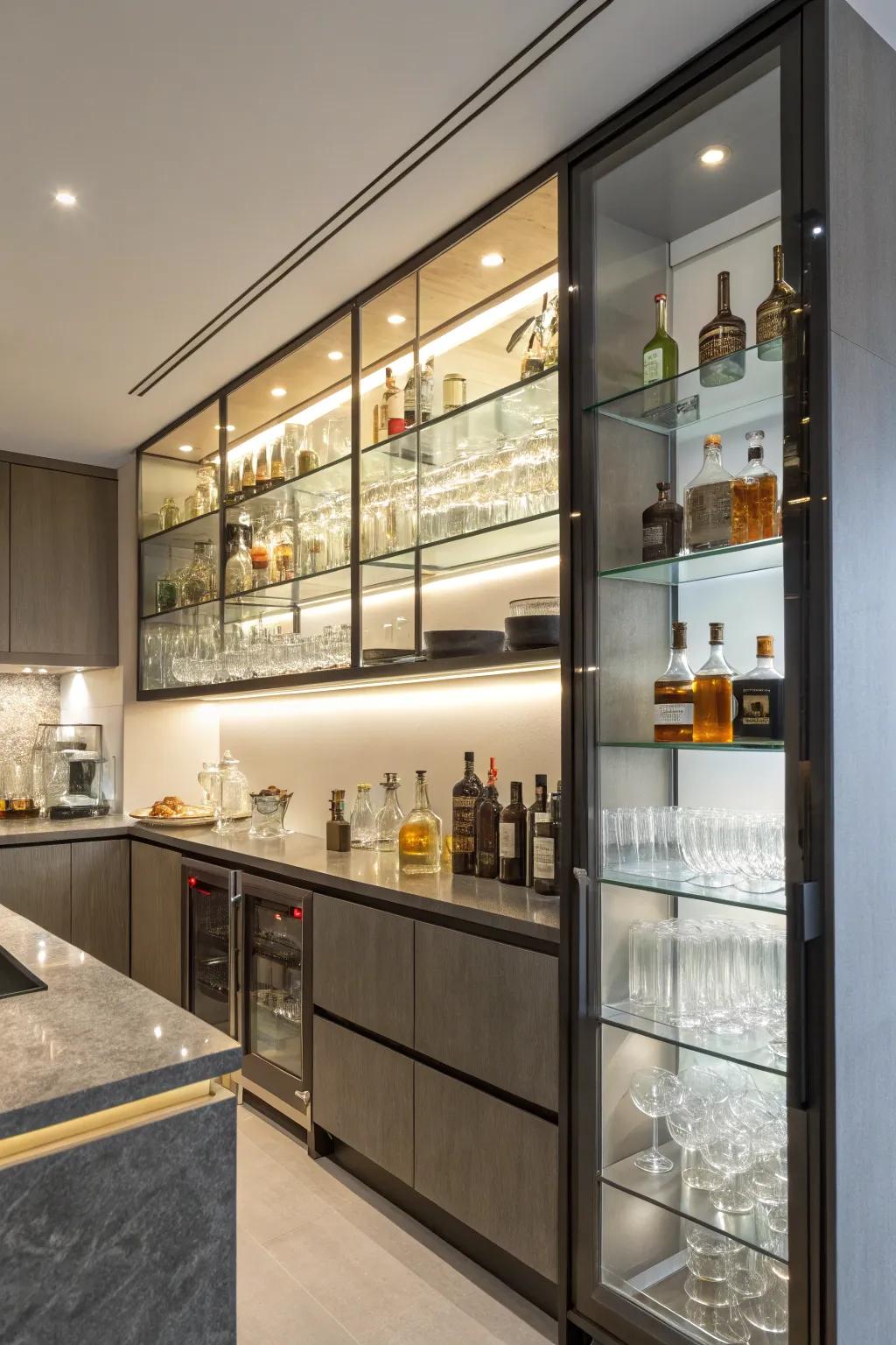 Open shelving provides a stylish showcase for glasses and spirits, blending elegance and practicality.