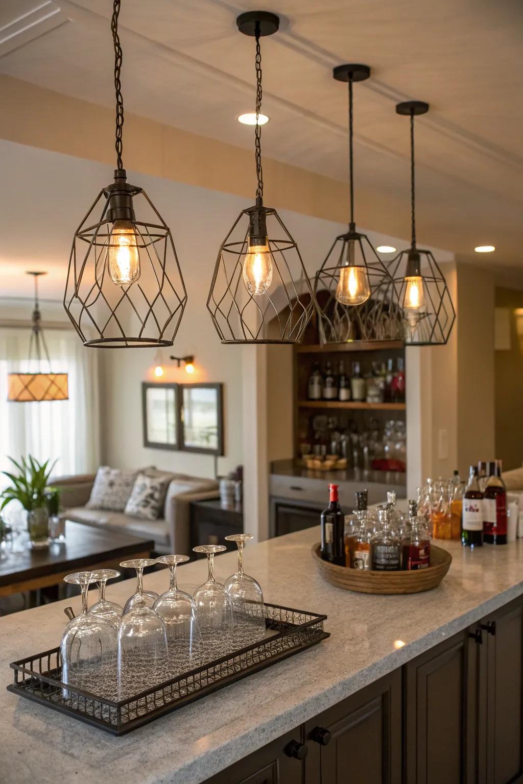 Refined pendant lights amplify the bar's sophistication.