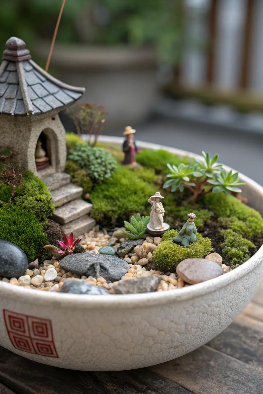 An enchanting miniature scene arranged within a shallow bowl.