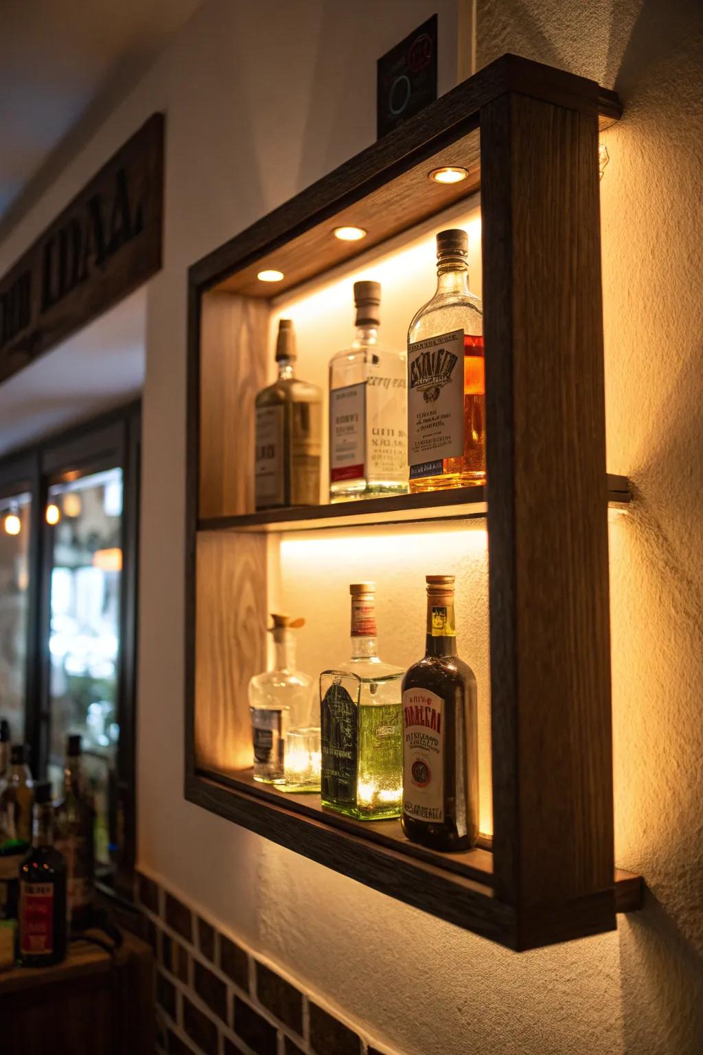 A shadow box illuminated from behind, providing a cozy display for mini liquor bottles.