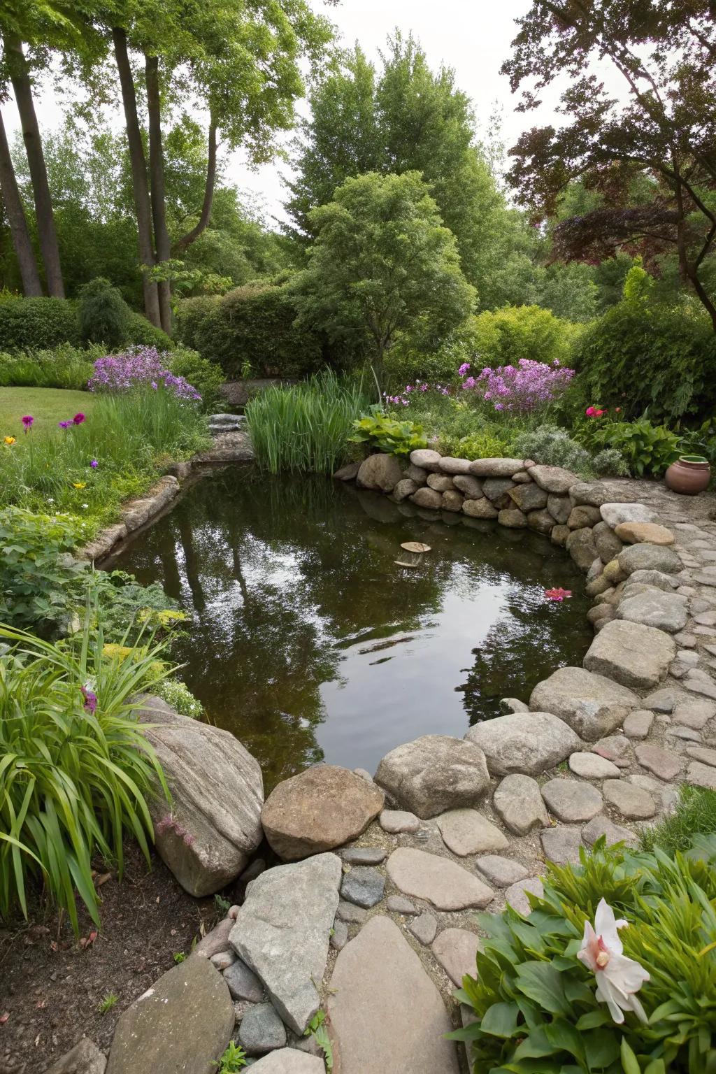 Natural stones lend a rustic appeal to a small pond.