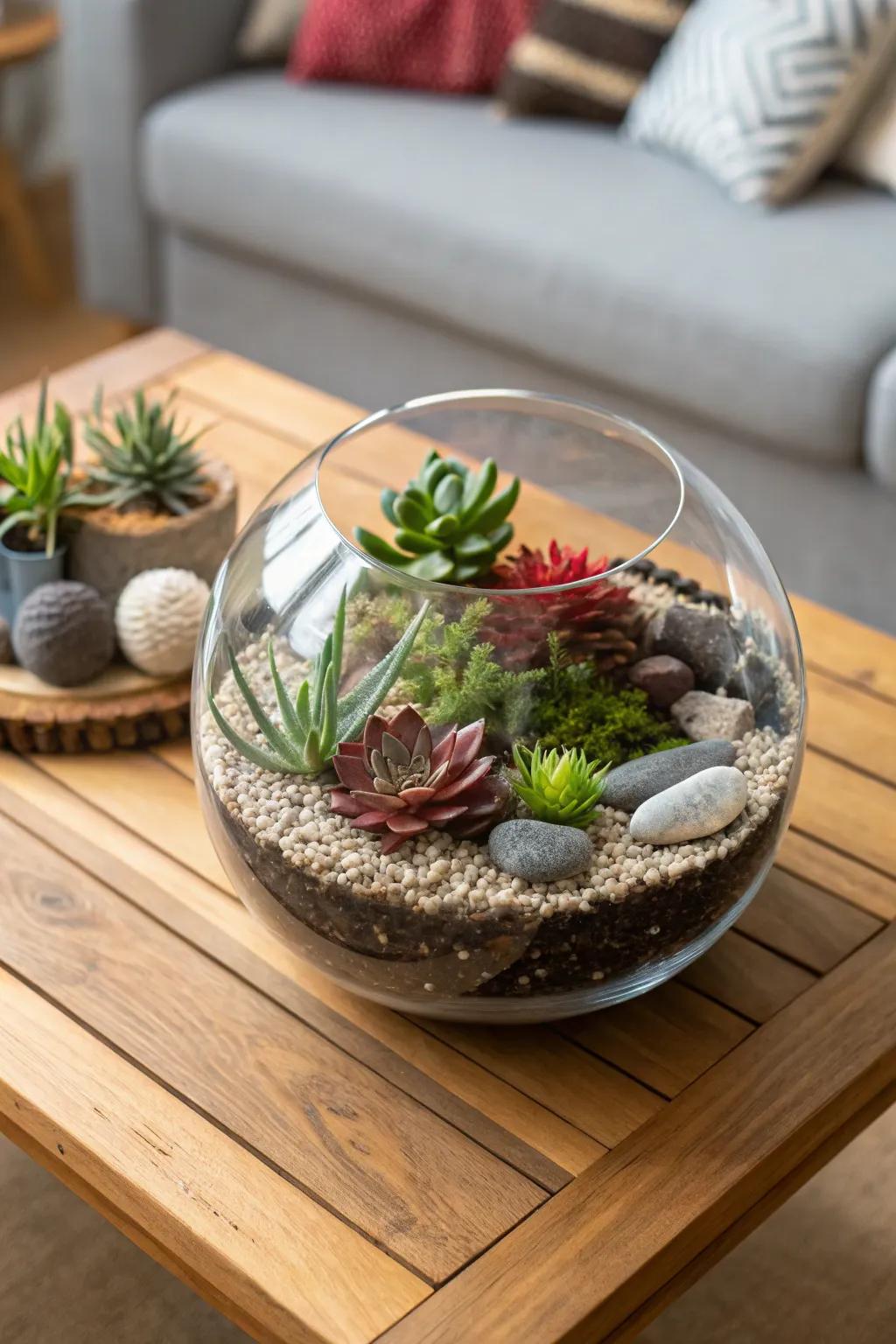 A glass terrarium offers a peek into a miniature succulent wonderland.