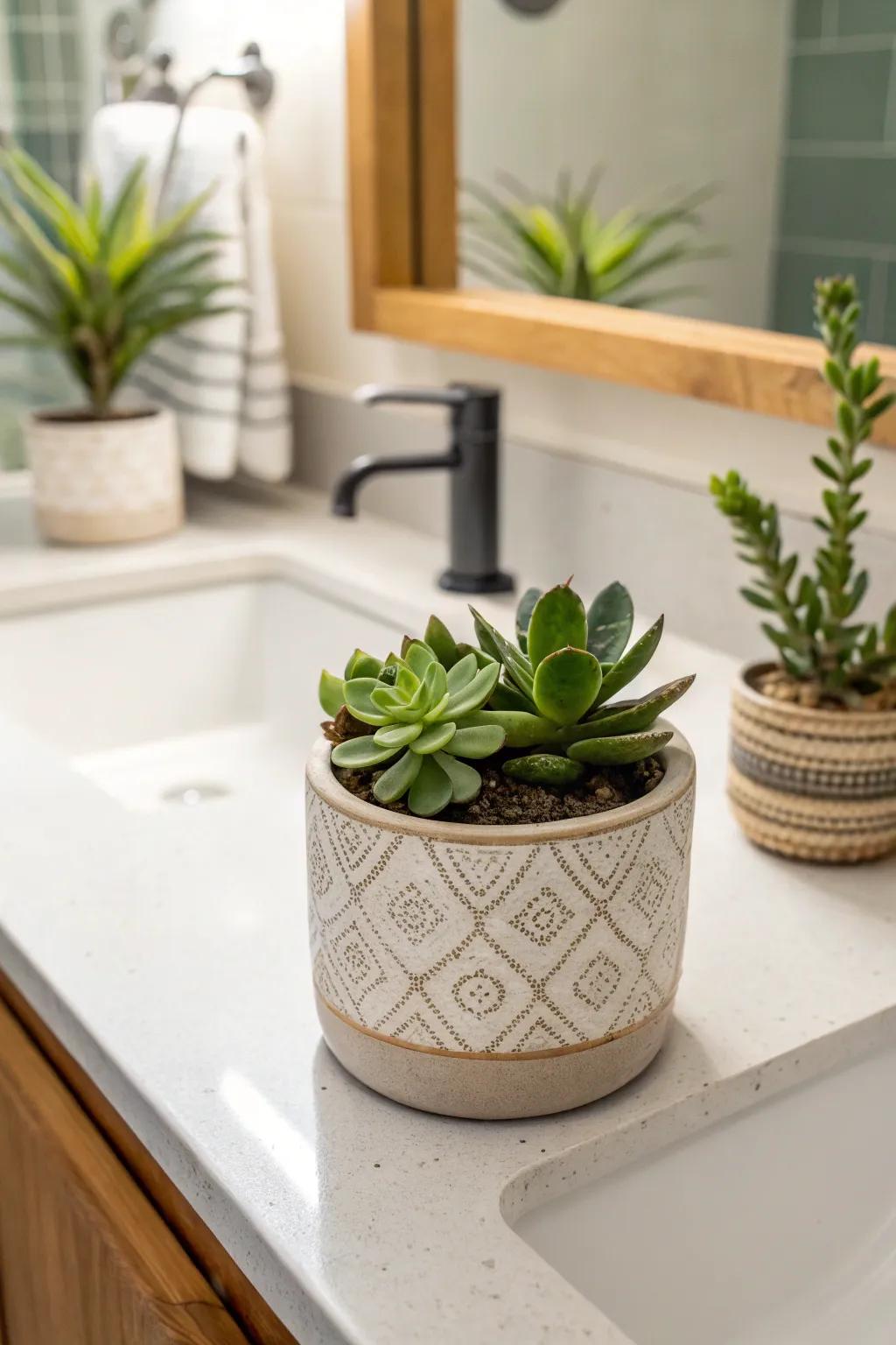 A simple succulent adds a refreshing touch of nature to the bathroom decor.