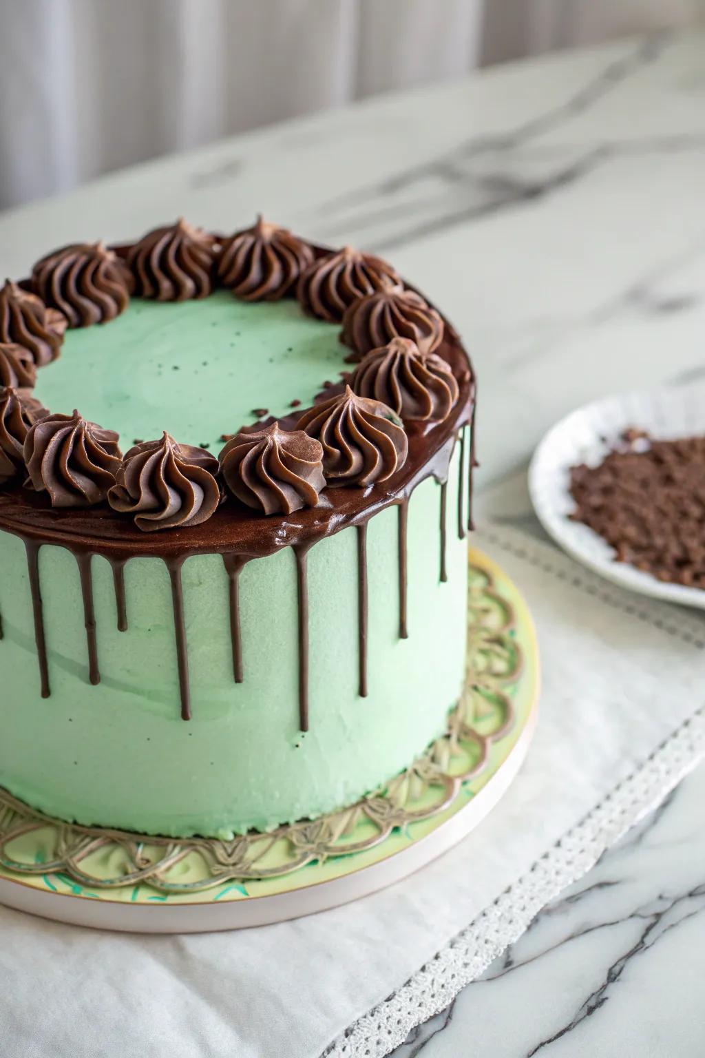 A chartreuse cake featuring an elegant chocolate drip pattern.