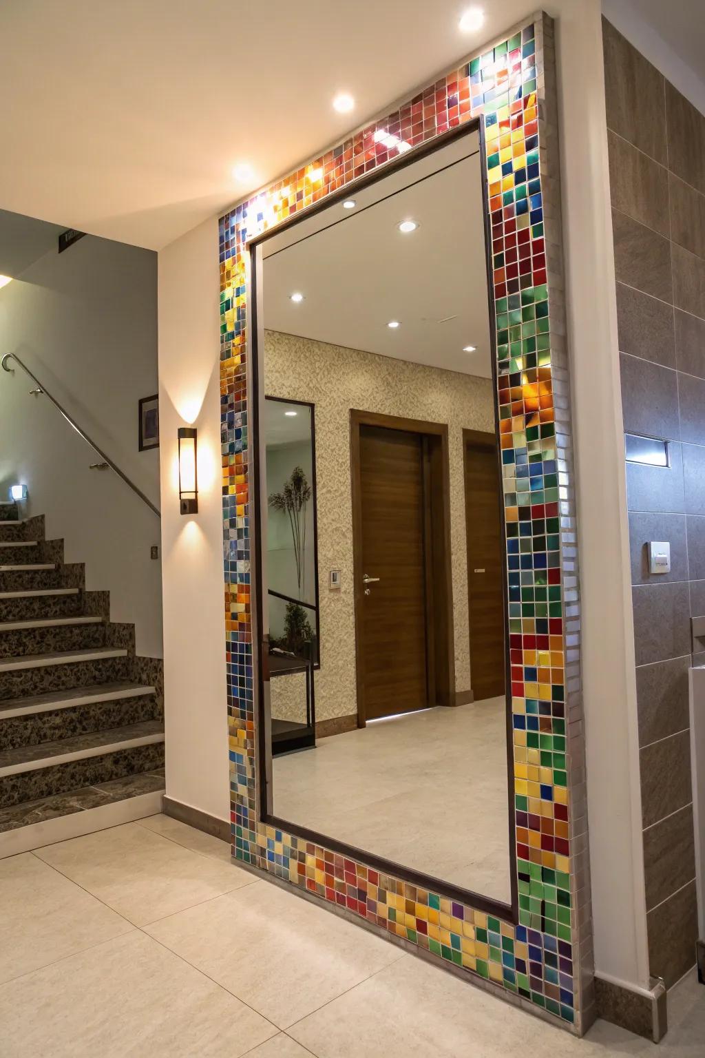 A vibrant mosaic tile frame mirror brightens up a modern entryway.