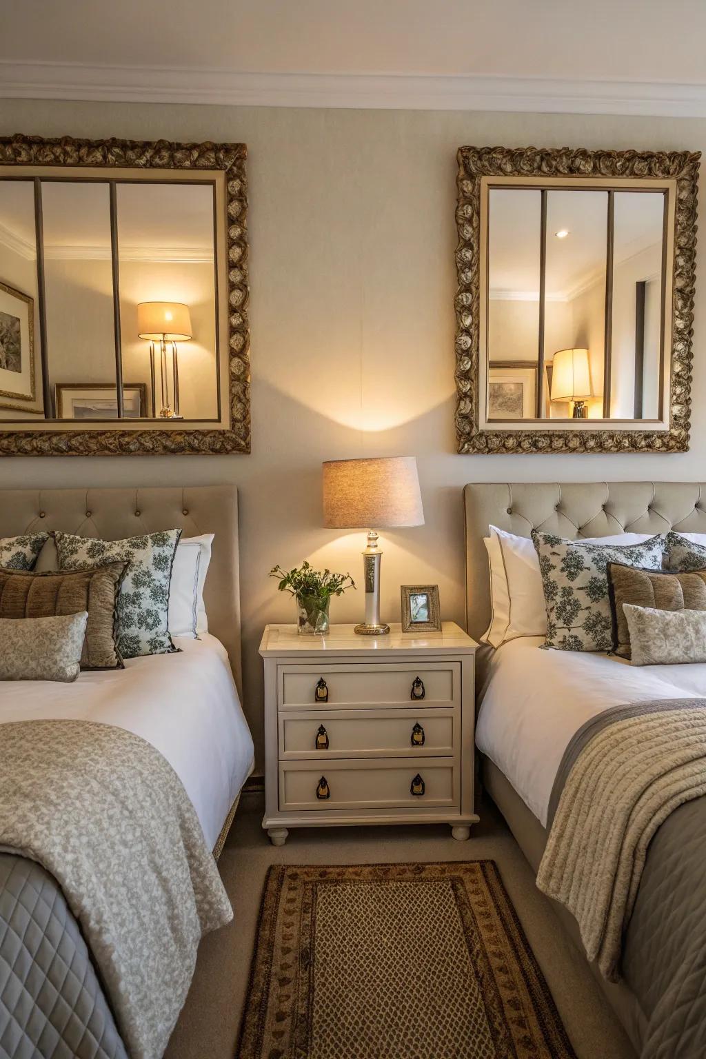 Balanced mirrors beside the bed evoke peace and harmony.