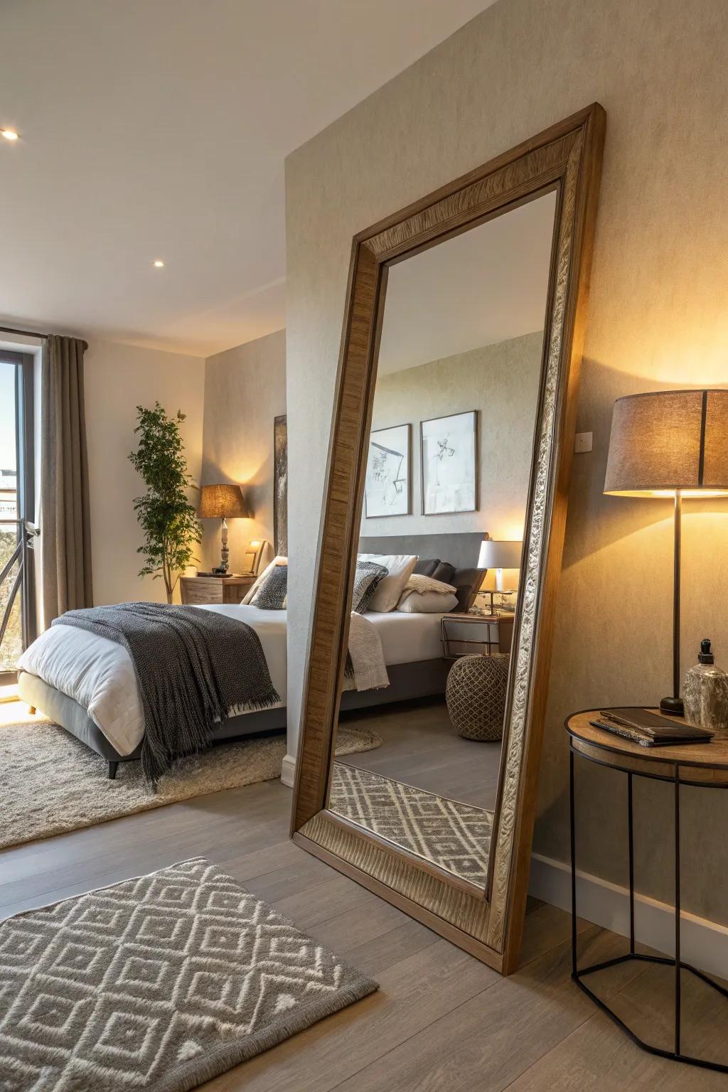 A significant leaning mirror can serve as a striking focal point in any bedroom.