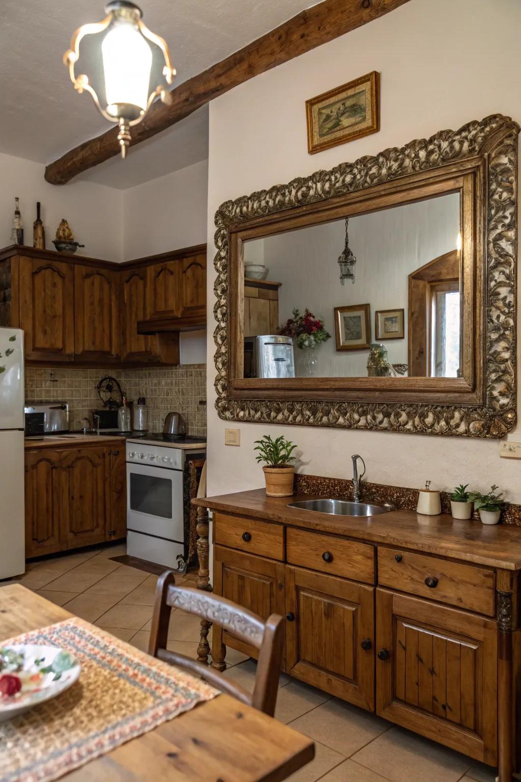 A framed antique mirror bringing elegance and historical charm to the kitchen.