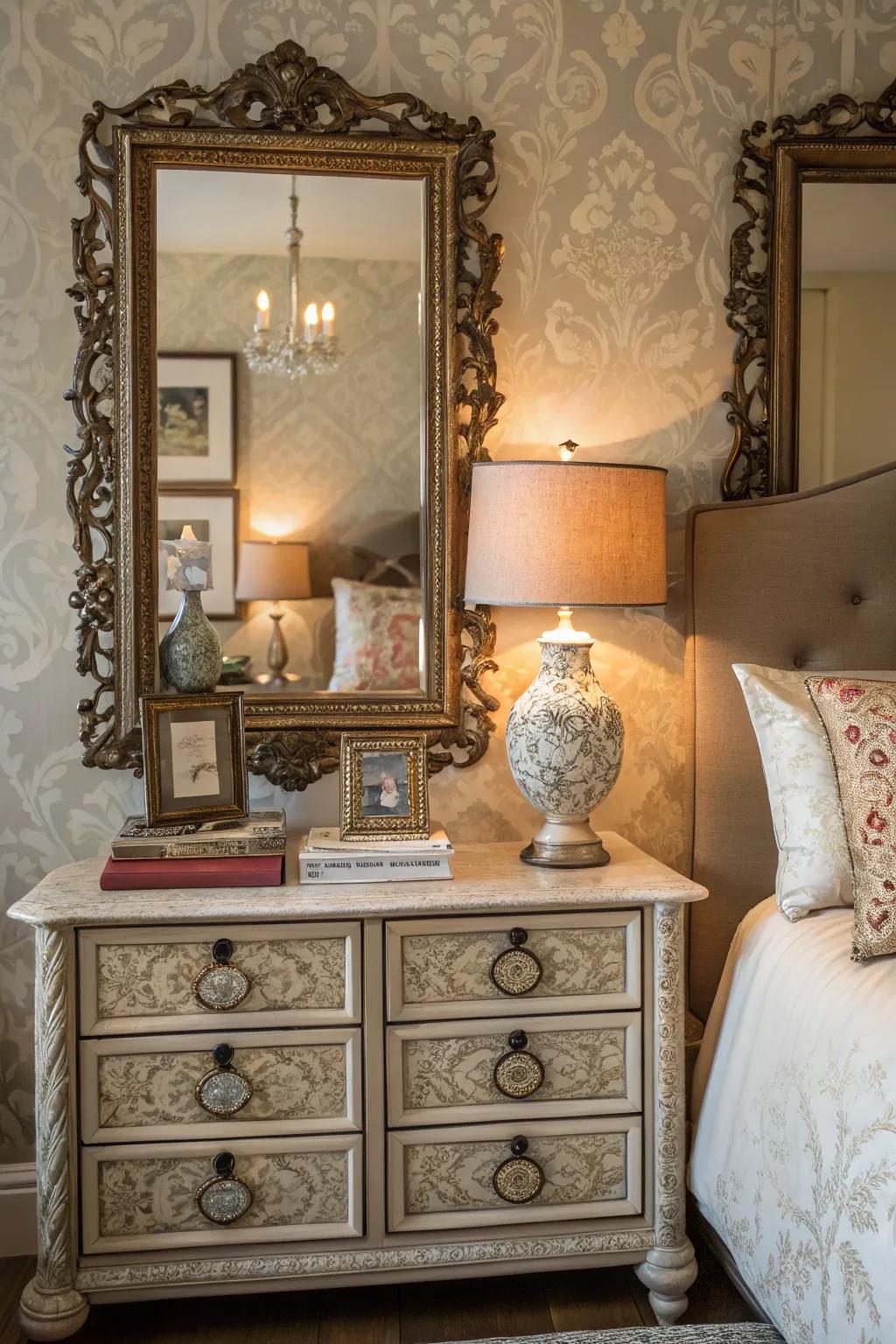 Mirrors featuring ornate frames enrich this stylish bedroom with a vintage ambiance.
