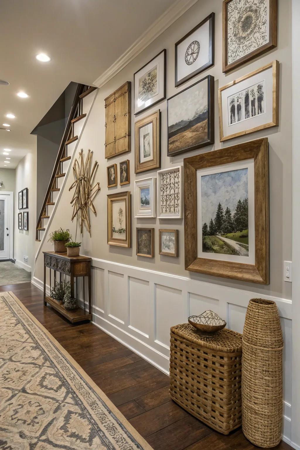 Textures add dimension to this mixed media gallery wall.