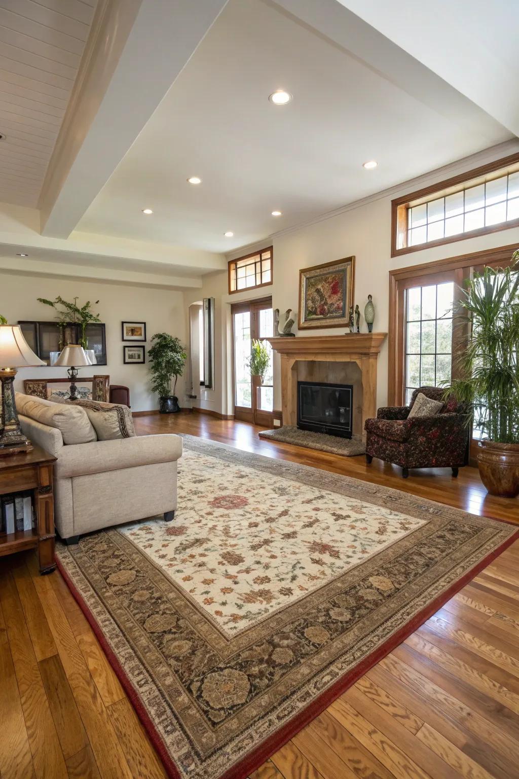 A deluxe carpet defines a cozy lounge spot on solid wood floors.