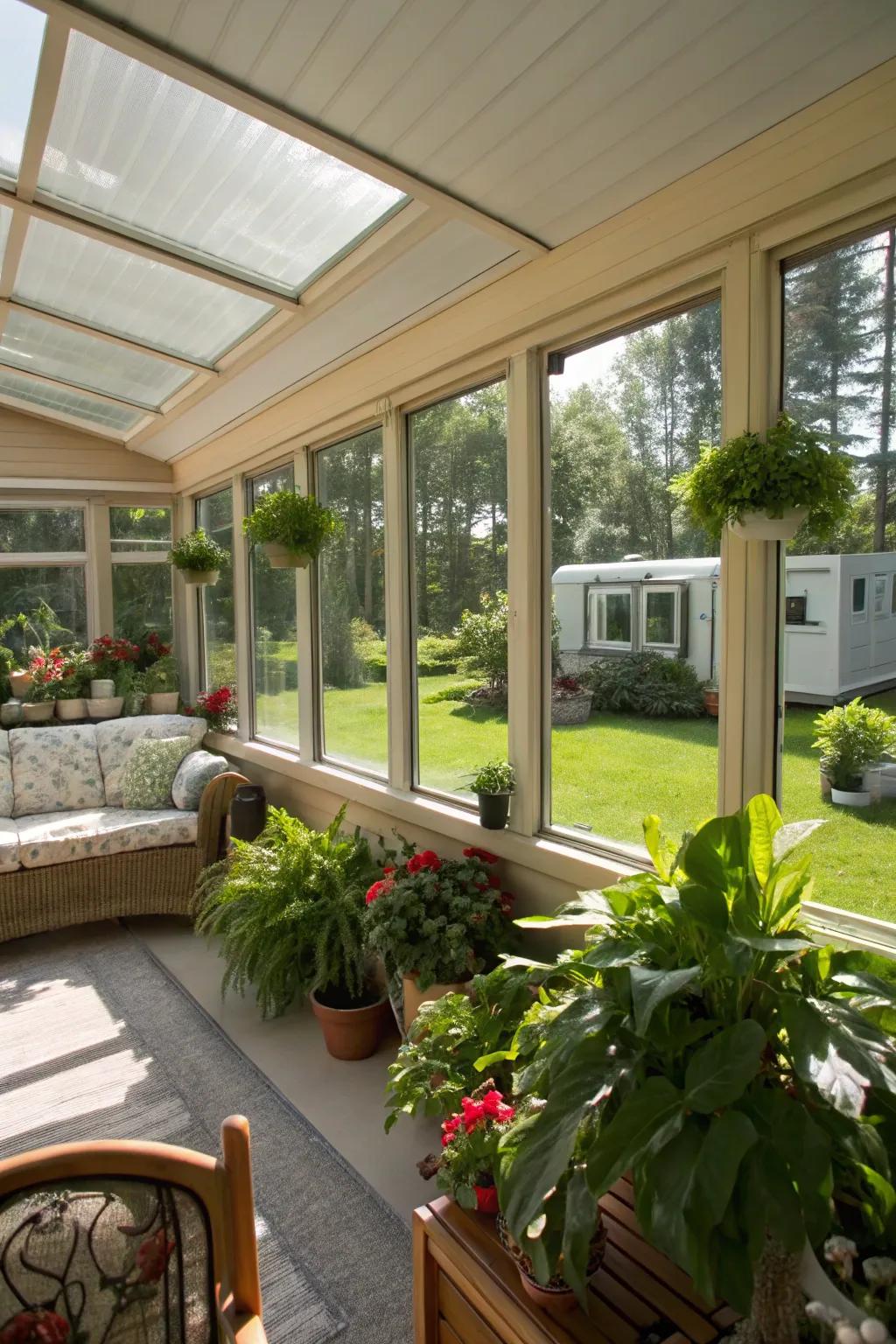 A glass room filled with sunlight and greenery, offering a tranquil extension to the mobile home.