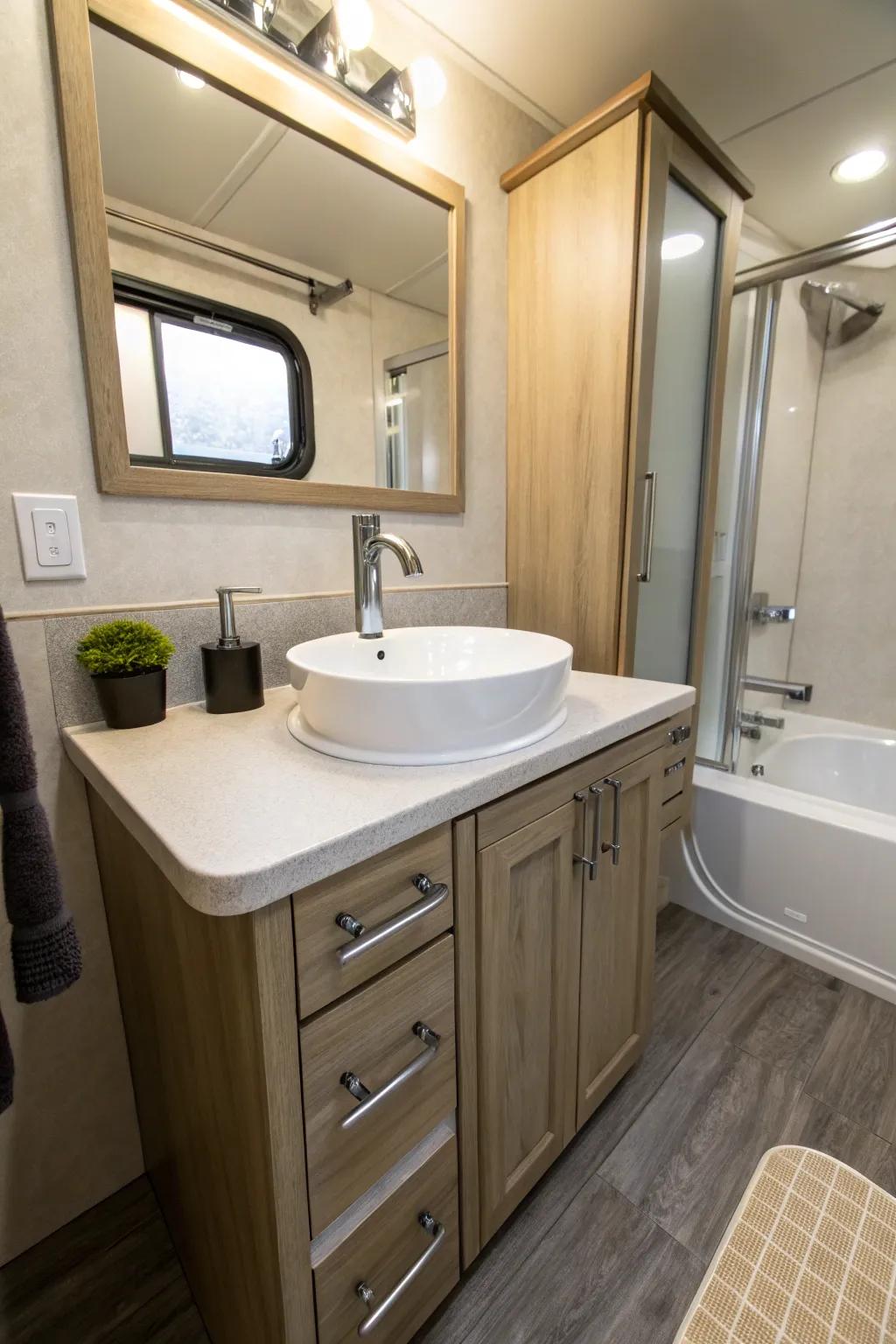 Contemporary fixtures bring a modern flair to this mobile home master bathroom.