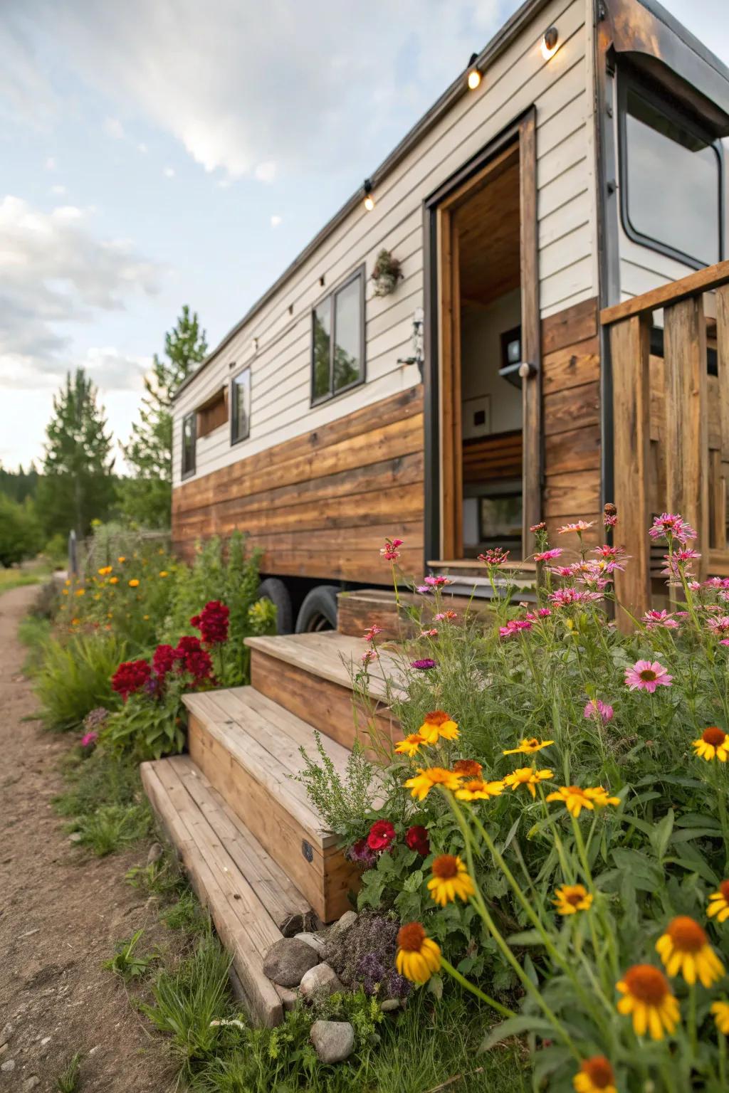 Salvaged timber skirting infuses your mobile home with rustic appeal and heat.