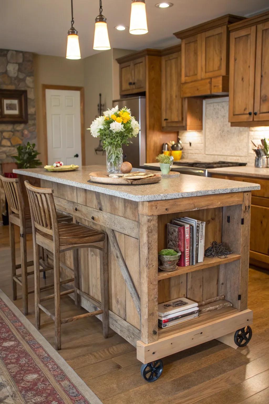 A rustic portable island infuses country-style appeal into your kitchen.